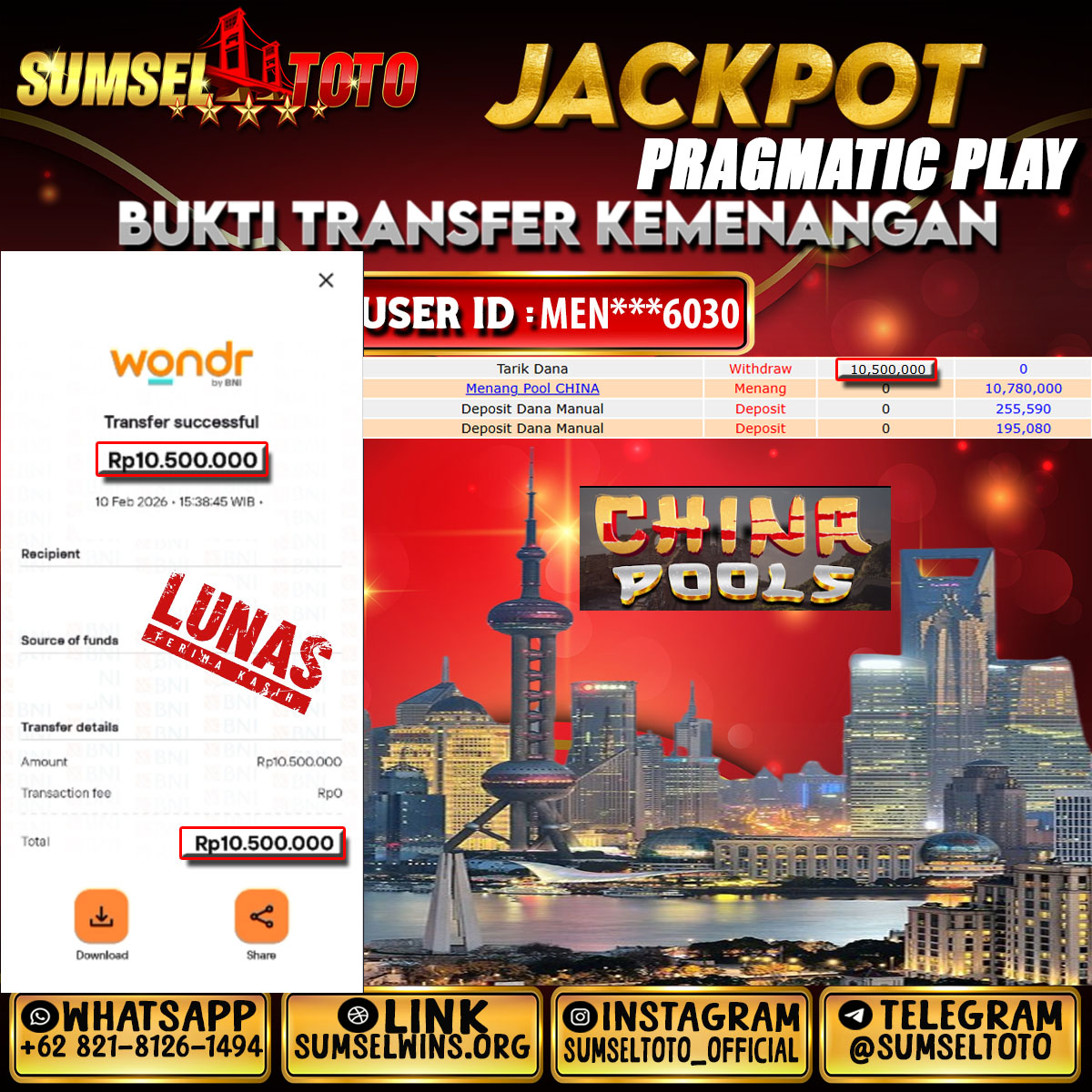 SUMSELTOTO JACKPOT TOGEL CHINA POOLS Rp.10,500,000.,- LUNAS